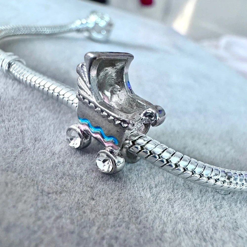 Baby Carriage Stroller Charm Silver Pink Blue fits PANDORA